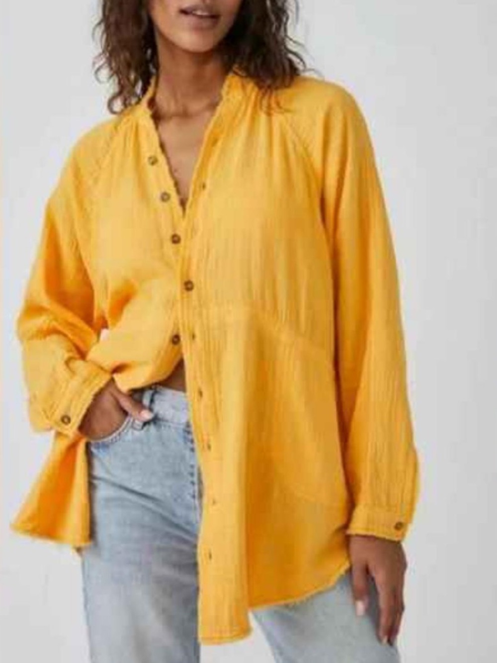 We The Free Daydream Oversized Gauze Cotton Yellow Button down Shirt Large